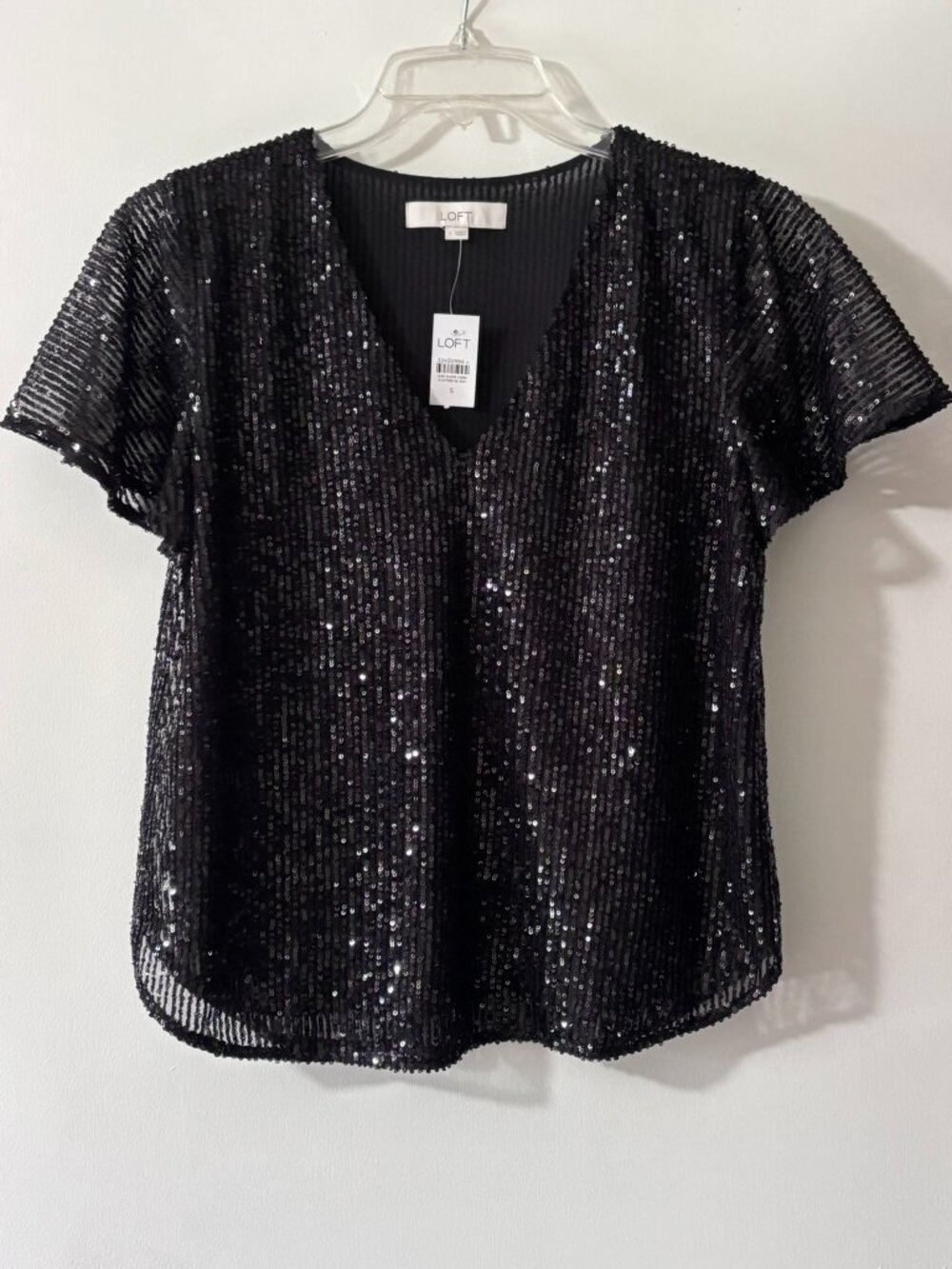 NWT LOFT Black Shimmer Sequin V-Neck Short Sleeve Blouse S
